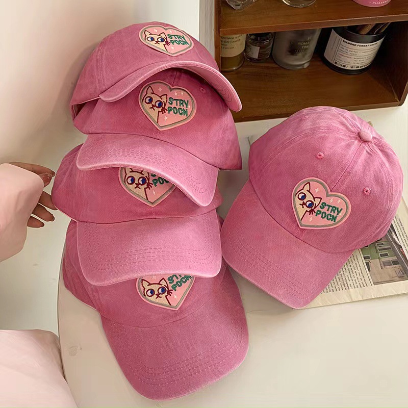 Pink Loves and Cats Baseball Cap Female Curved Brim Soft Peaked Cap Cute Hat Trendy Female Sun Protection Sun Shade Face Slimming