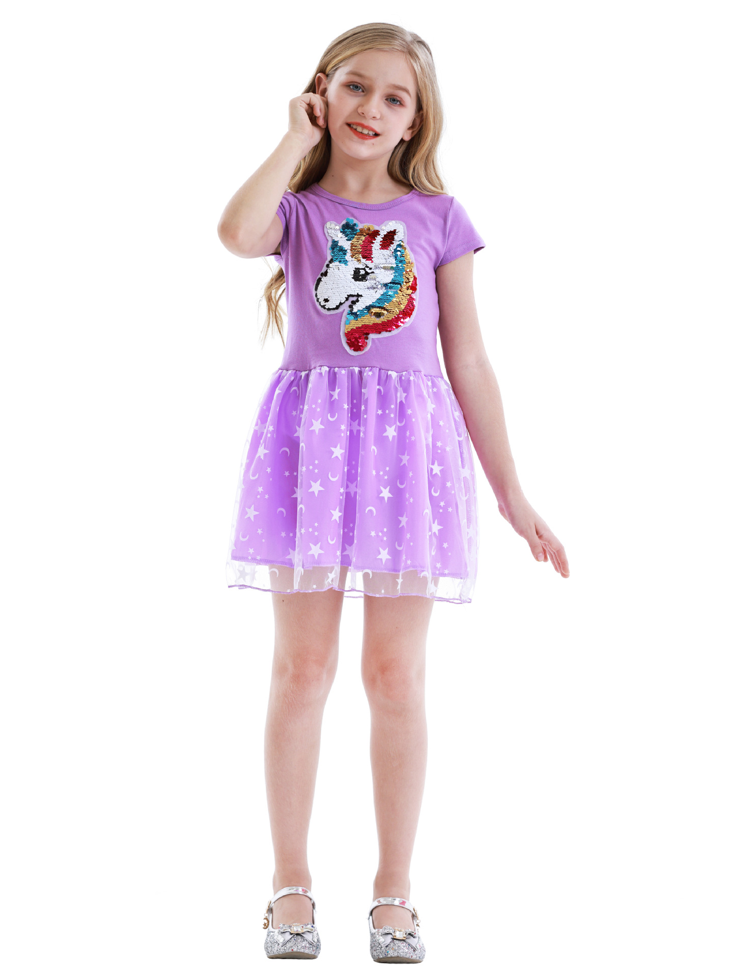 欧美女童网纱裙3-8岁儿童蓬蓬裙亮片卡通图案短袖裙子gauze skirt