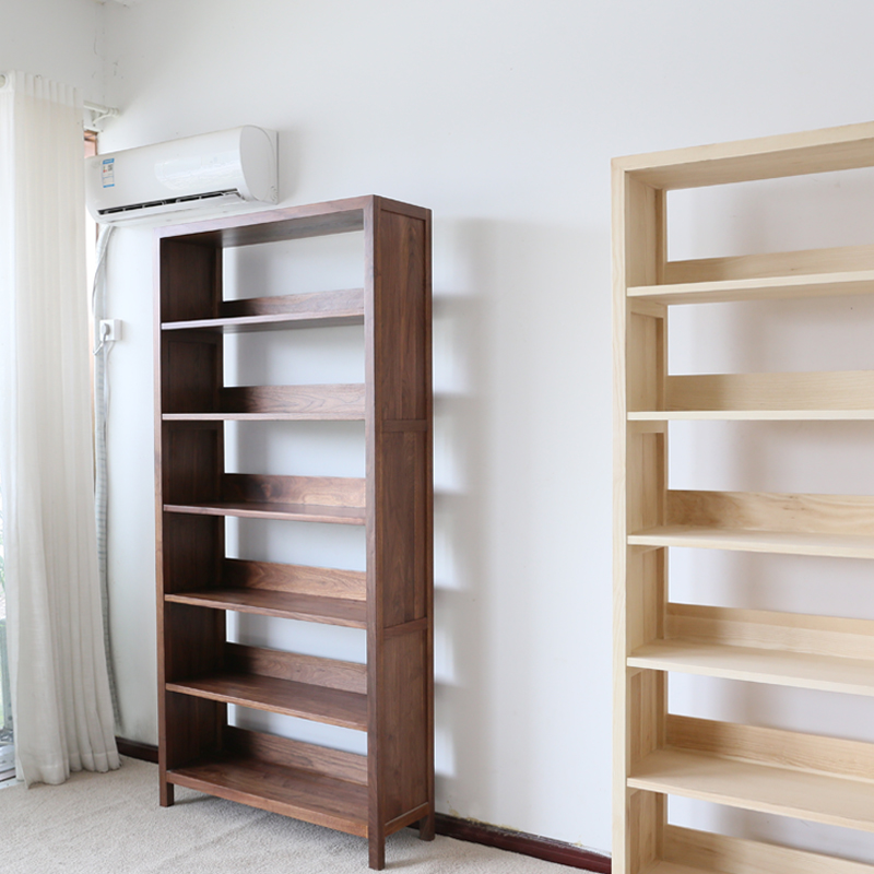w8实木书架黑胡桃木置物架整装简约落地白蜡木浅色原木儿童书柜现