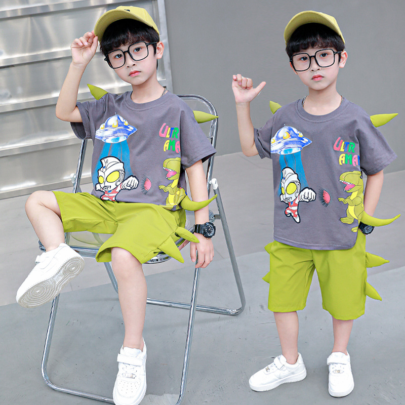 Children's Clothing 2023 Summer New Boys' Short-Sleeved Suit Casual Summer Children Ultraman Horn Dinosaur Suit Fashion