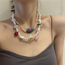 波西米亚风Y2K风珍珠项链 轻奢千禧年网红彩绘石头水晶串珠锁骨链