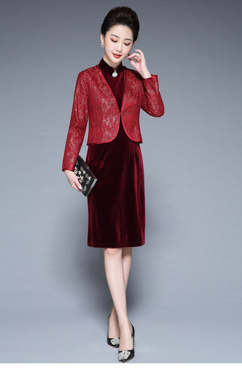 jy-jy5028妈妈礼服秋冬连衣裙洋气丝绒套装新娘喜婆婆婚宴装两件套