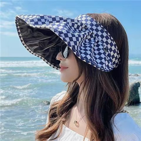 New Black Rubber Cap Plaid UV Protection Hat Female Summer All-Match Soft Beach Hat Sun Protection Hat Wholesale