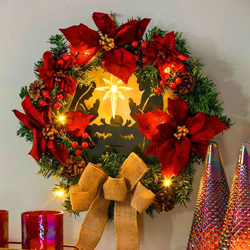 圣诞节花环耶稣生了松树枝红色浆果松果红色蝴蝶结基督教耶稣花圈