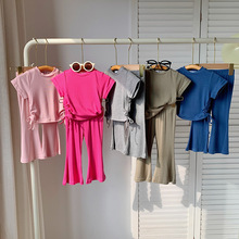 夏季女童套装24新款儿童抽绳短袖T恤喇叭裤女宝宝韩范潮衣两件套