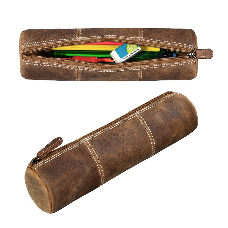 真皮复古圆形拉链笔袋 简约大容量文具收纳袋牛皮化妆笔收纳袋包