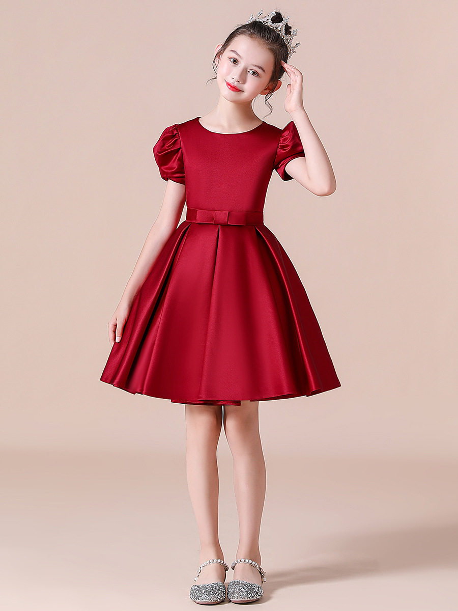 新款女童圣诞节公主裙元旦红色缎布主持礼服诗朗诵短袖钢琴演出服