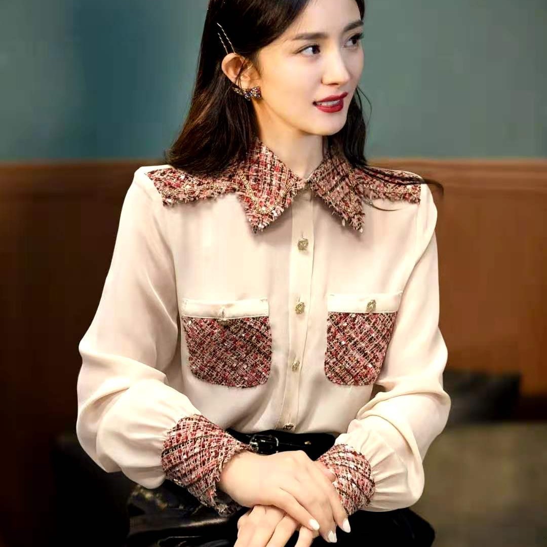 杨幂赵丽颖明星同款仿真丝衬衣女2021新款拼接钉钻衬衫小香款