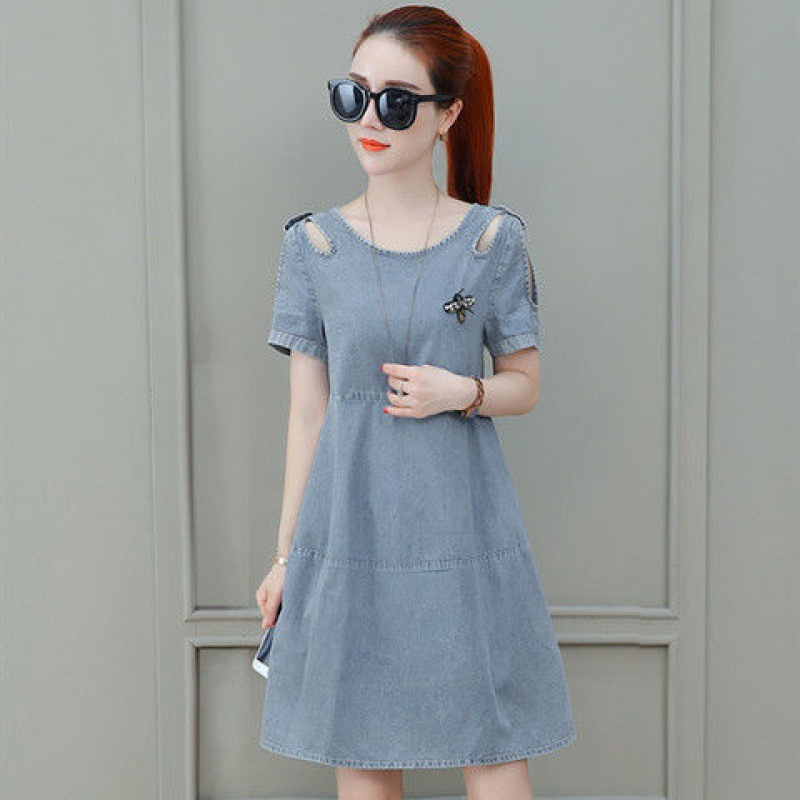 牛仔连衣裙女短袖2024新款韩版显瘦胖夏装休闲中长款宽松裙子潮