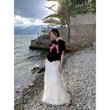 跨境立体蝴蝶结设计感短袖T恤女夏季松紧腰白色半身裙两件套