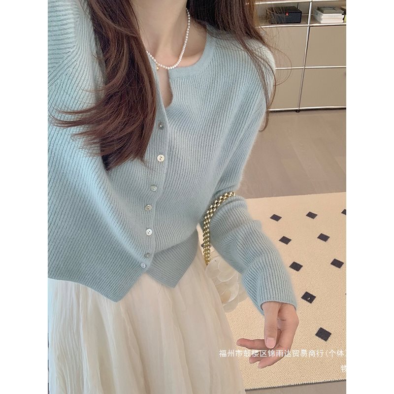 蓝色v领毛衣开衫外套女秋冬长袖内搭打底正肩针织衫修身短款上衣