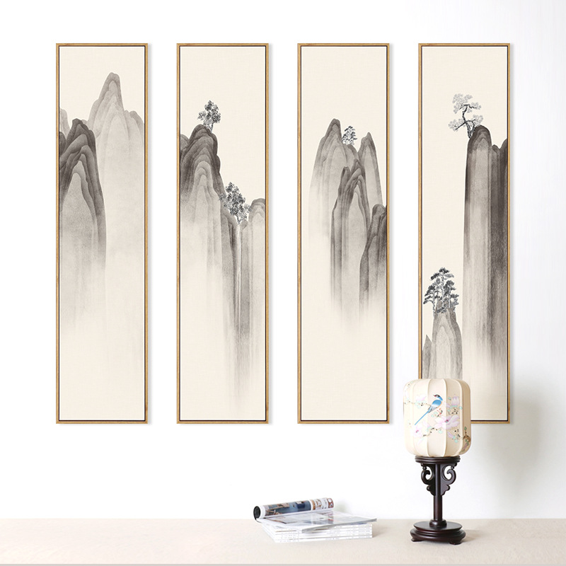 新中式山水装饰画现代水墨画竖条屏四联古风挂画客厅茶室背景墙画