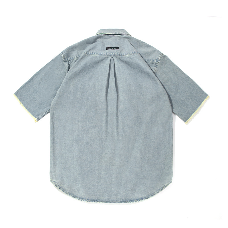 fog fear of god 第六季高街主线宽松磨边水洗复古牛仔短袖衬衫潮