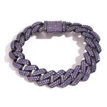 欧美手链嘻哈男士紫色锆石15mm菱形古巴链铜镶锆石嘻哈条形古巴链