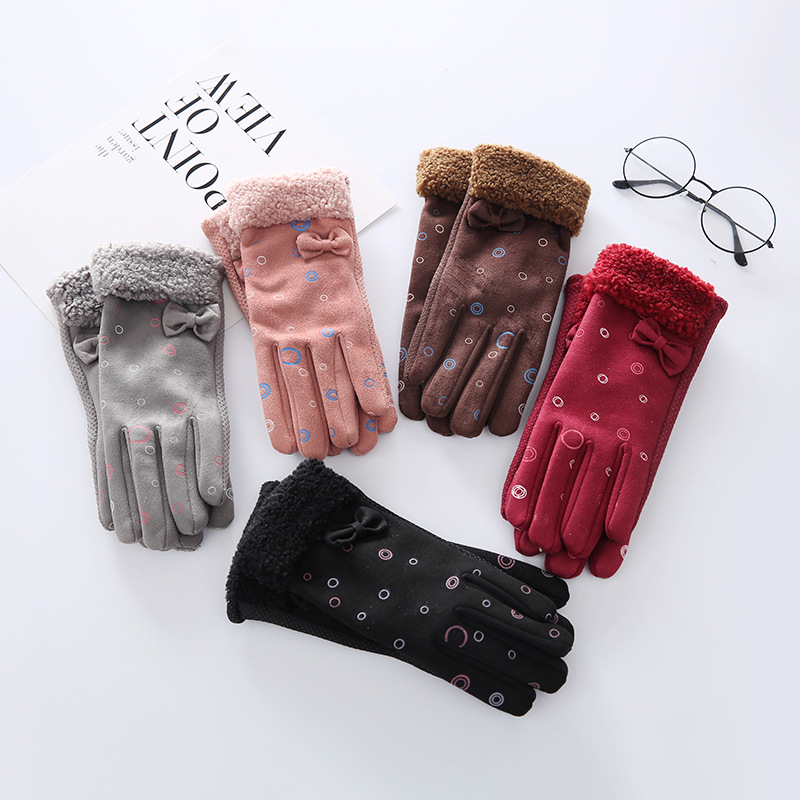 Colorful Printed Gloves Women's Suede Finger Gloves Bowknot Decorative Cloth Gloves Fleece Lined Winter Gloves