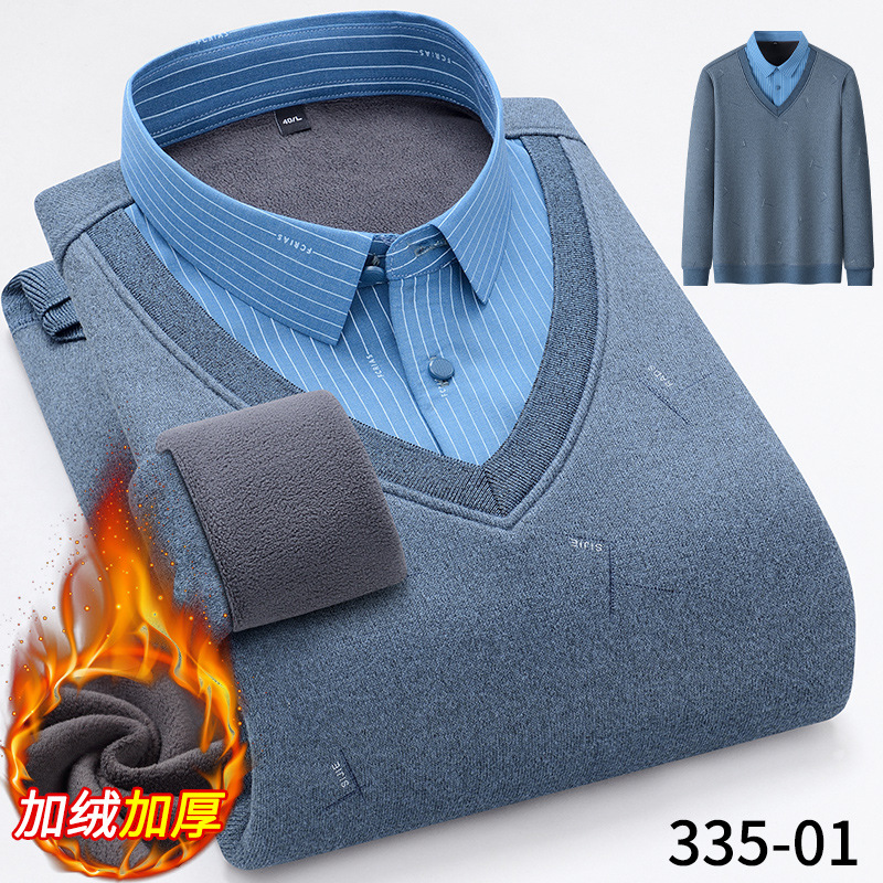 Winter New Men's Fake Two-Piece Shirt Business Warm Fleece-Lined Long-Sleeved Sweater Sweater Thickened Shirt Collar