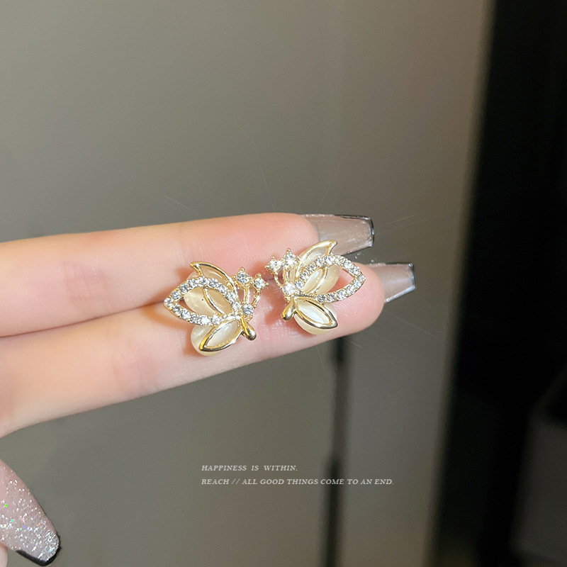 Sterling Silver Needle Opal Stone Ear Studs Women's Graceful Geometric Love High-Grade Earrings Ins Style Korean Earrings Wholesale