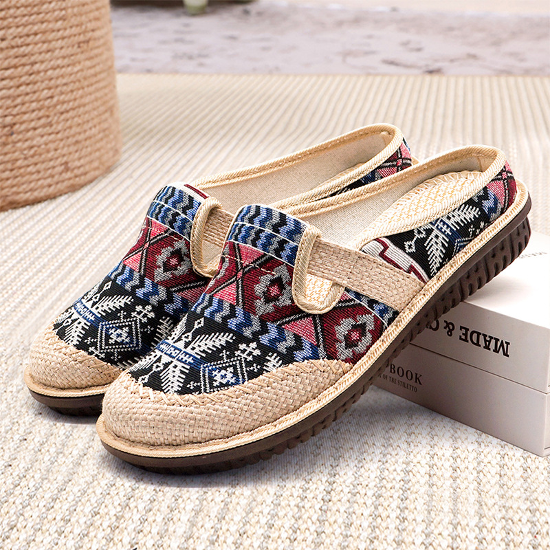 Cloth Shoes 2023 Breathable New Flat Old Beijing Women's Shoes Linen Closed Toe Embroidered Shoes Ethnic Style Half Slippers Shoes for Han Chinese Clothing