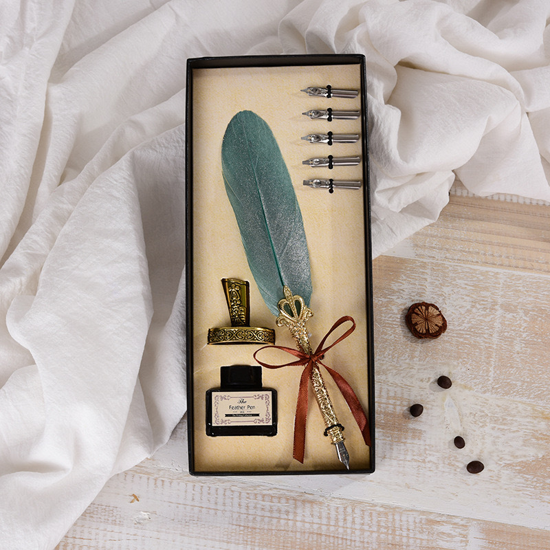 Feather Pen Pen Kit Retro Water Pen Signature Pen Crown Carved Base Gift Box Birthday Gift Gift Pen