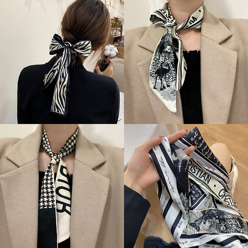 Retro Houndstooth Ribbon Hair Band Silk Scarf Tie-up Hair Silk Scarf Female Ribbon Hair Band Bow