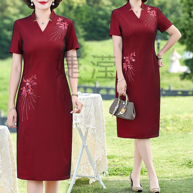 j昅1喜婆婆婚宴装喜服结婚妈妈装连衣裙红色旗袍礼服夏季短袖