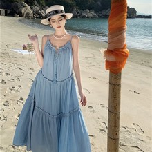 沙滩度假风绑带吊带连衣裙女夏季新款小众宽松休闲显瘦无袖中长裙