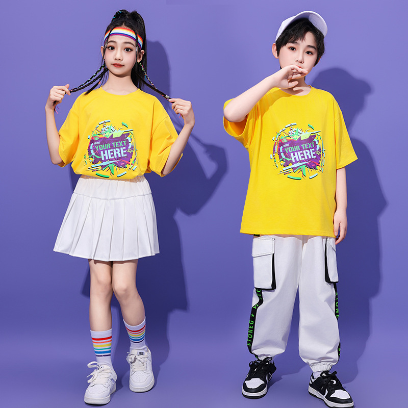 小学生运动会演出服儿童街舞服装男童嘻哈宽松短袖女孩爵士舞潮服-阿