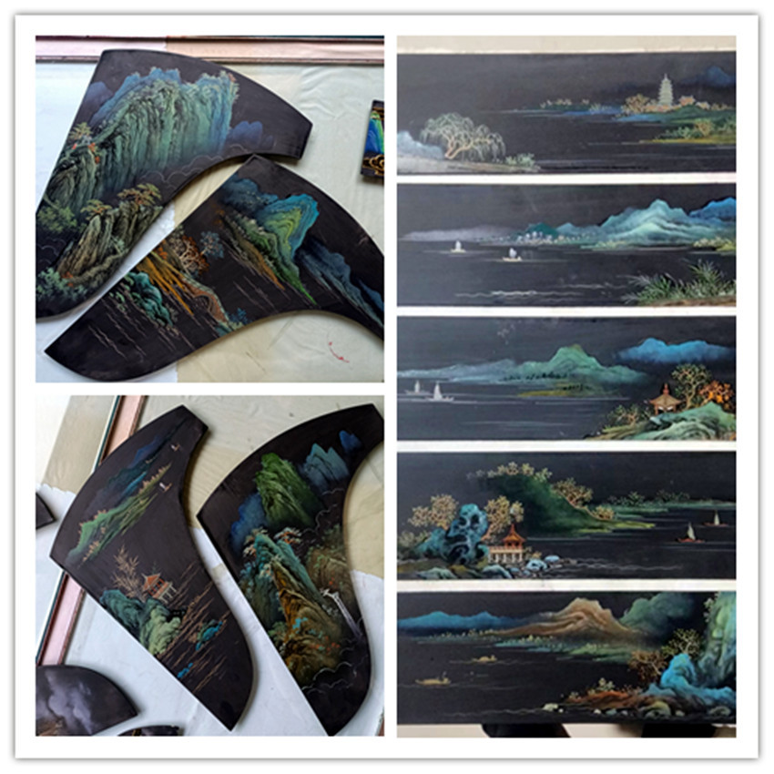 国风手工绘山水漆画古筝配件花板描金彩绘装饰板标准尺寸创意画板