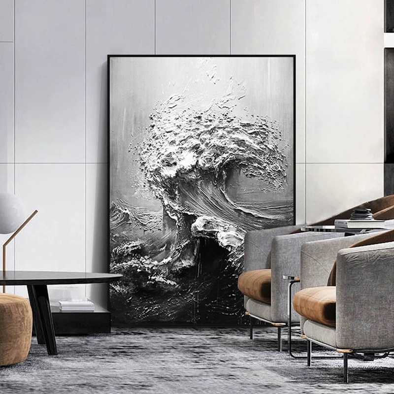 手绘抽象油画定制大幅立体黑白灰现代餐厅客厅装饰画大海玄关挂画