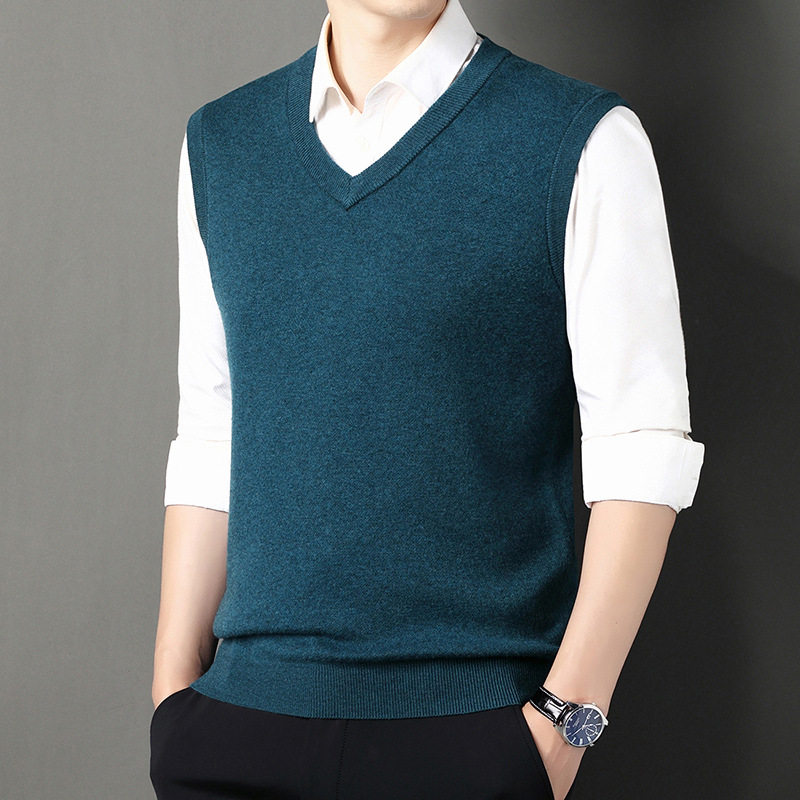 100%纯羊毛针织背心男士加厚无袖坎肩v领毛衣男秋冬爸爸装打底衫
