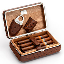 现货皮质包装鸵鸟纹雪茄保湿盒 便携随身多功能打火机套装雪茄盒