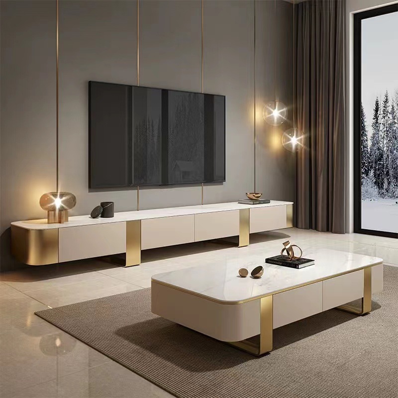 意式轻奢岩板茶几电视柜组合港式高端实木电视机柜大小户型落地式