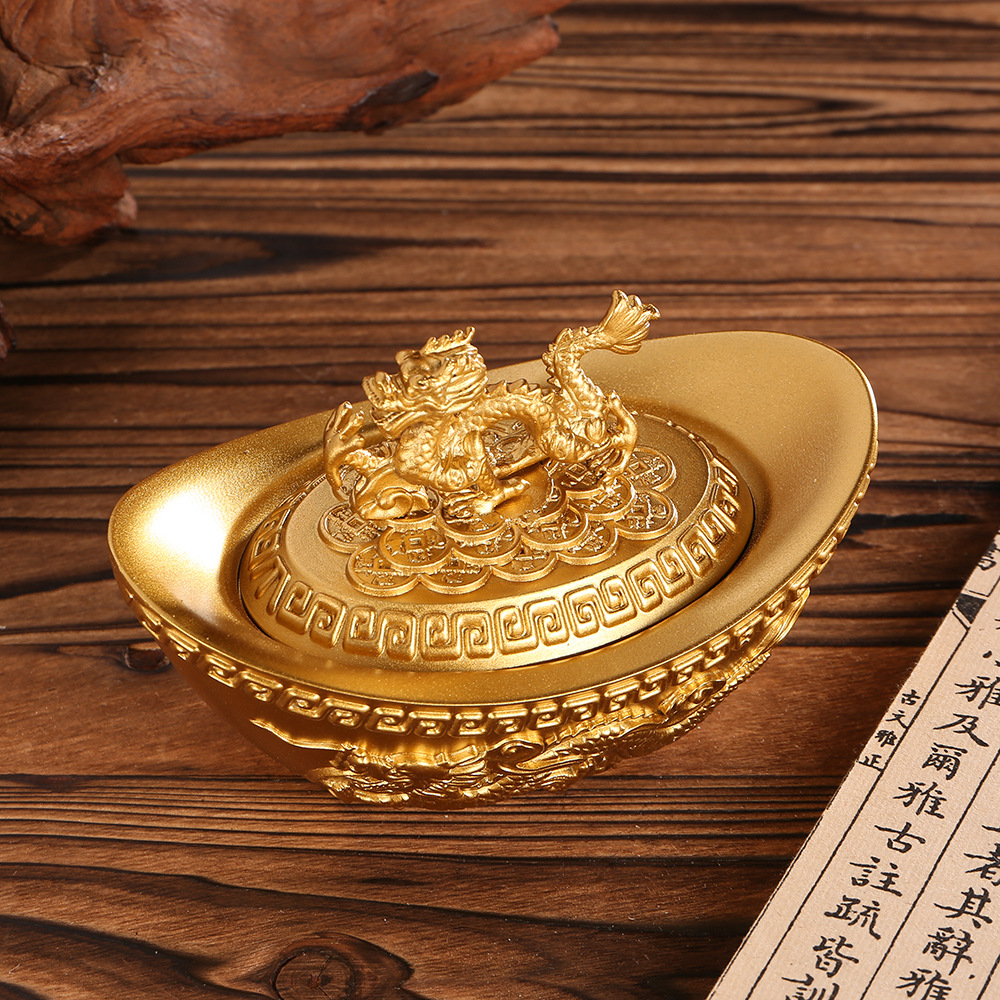 黄铜浮雕龙凤金色聚宝盆影视拍摄道具带盖空心储物罐招米金元宝