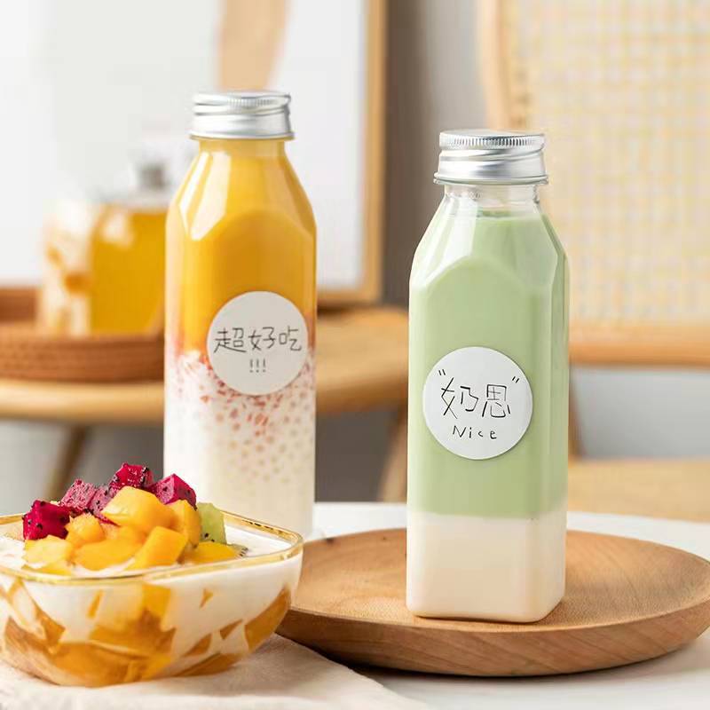 厂家直销500ml斜肩方瓶饮料果汁奶茶瓶pet透明一次性网红塑料瓶