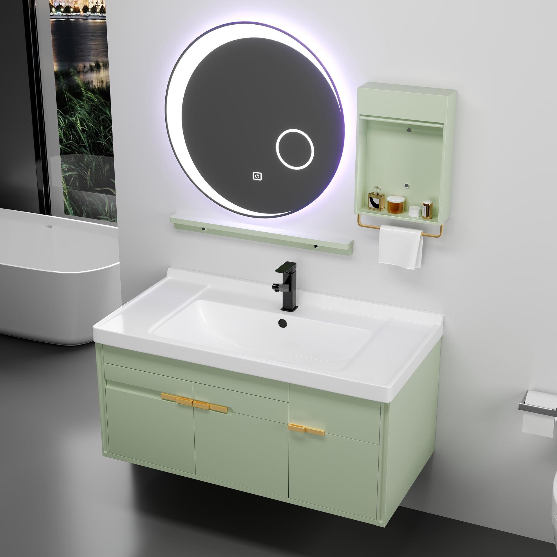 小户型卫生间橡木浴室柜智能圆镜60cm小尺寸岩板洗漱台洗脸台盆柜