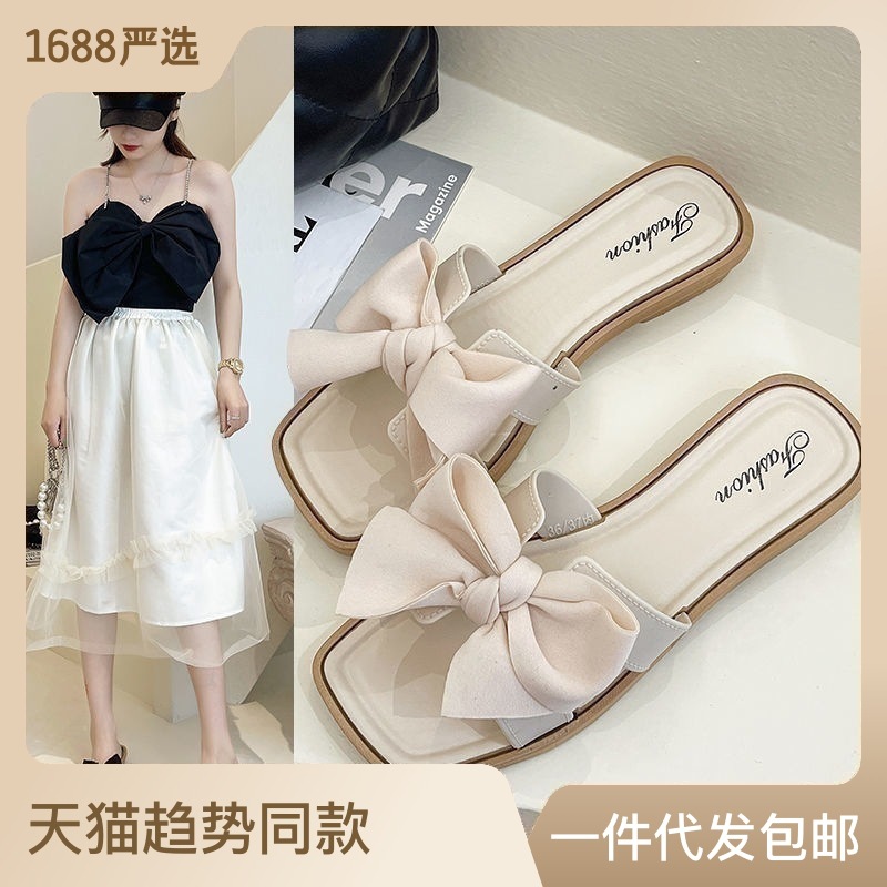 3cm Heel Bow Sandals Women's Outer Fashion Women's Slippers Outer Wear Internet-Famous Slippers Women's Fashion Korean Style