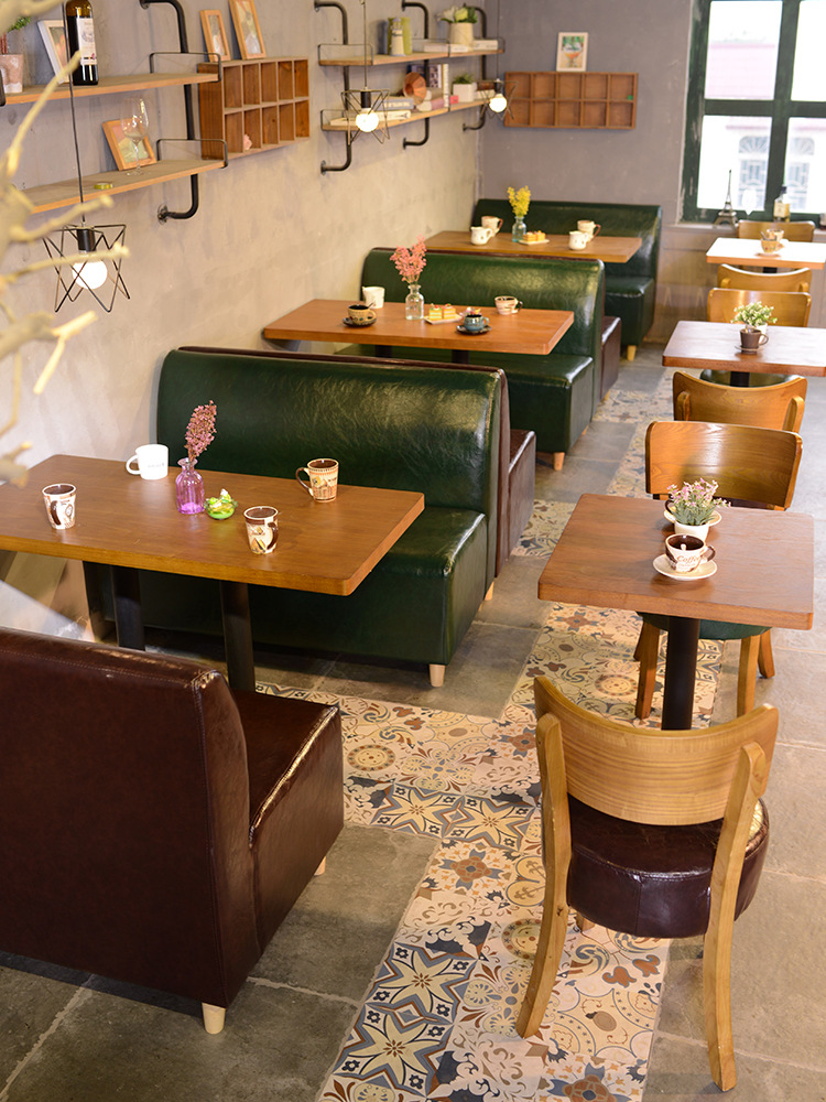 复古咖啡厅奶茶店桌椅组合小酒馆清吧桌椅西餐厅靠墙卡座沙发