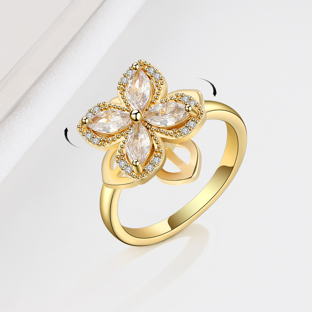 s925纯银小幸运四叶草戒指双层镀18k黄金萌动风车花朵旋转戒指女