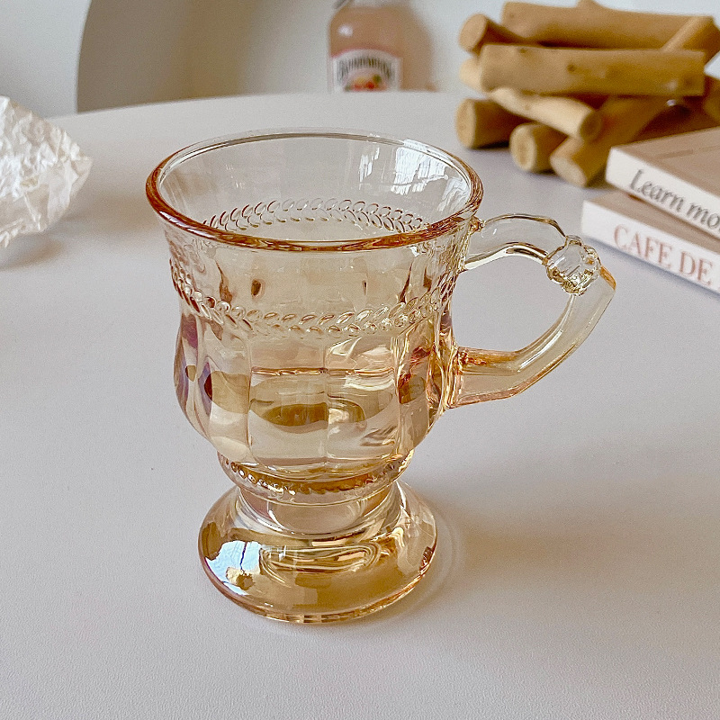 Heat Transfer Printing French Retro Glass Household Handle Cup Wine Glass Amber Latte Coffee Cup Hand Gift Cup