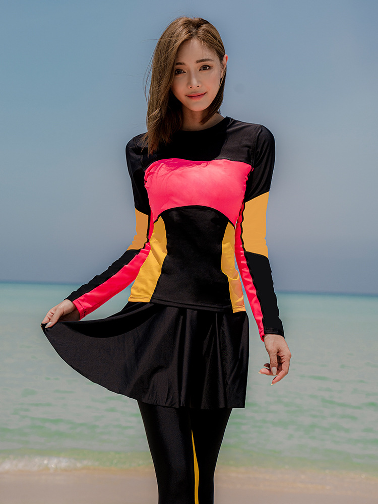 维多新款运动泳衣女分体大码平角比基尼四件套长袖防晒性感游泳装