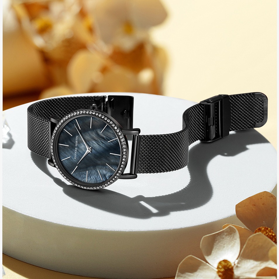 瑞士机芯全不锈钢壳链hannah martin女士欧美镶钻贝壳面石英手表