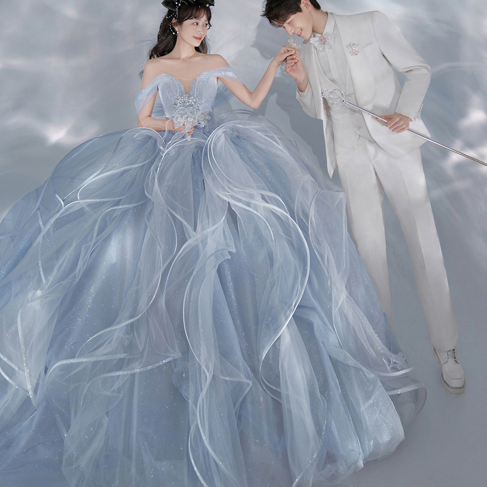 影楼拍照主题服装蓝色新款彩纱室内婚纱高定拖尾情侣网纱写真礼服
