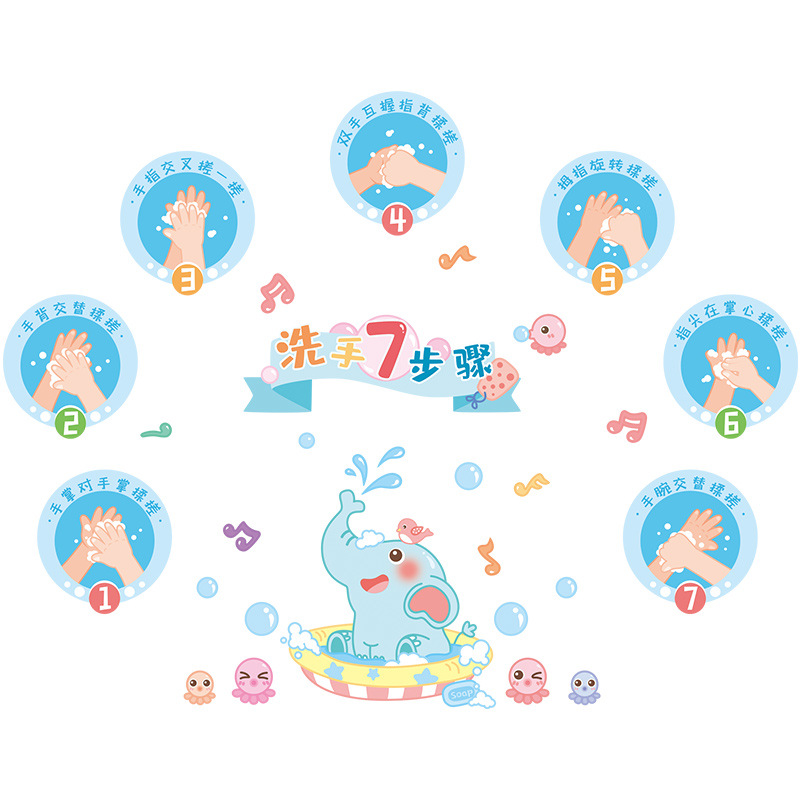 七步洗手法墙贴小学幼儿园墙面装饰儿童洗手步骤图卫生间防水贴纸