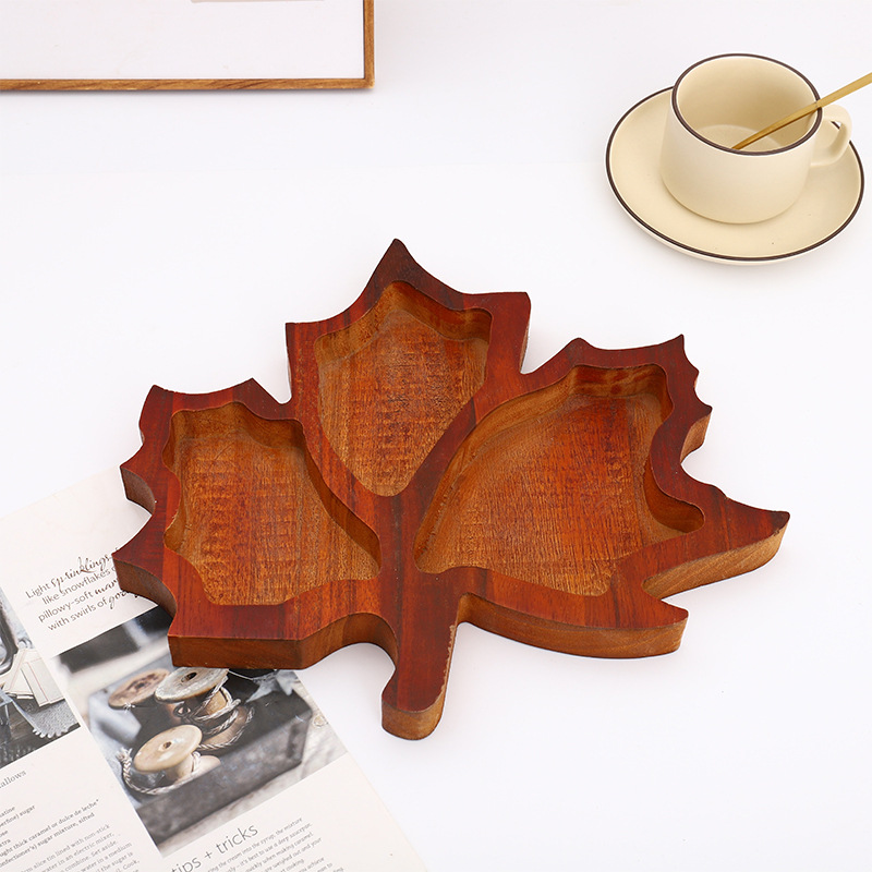 Wooden Maple Leaf-Shaped Tray Home Desktop National Fashion Grid Dried Fruit Snack Box Wooden Table Desktop Storage Tray