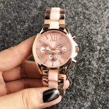 粉色彷陶瓷手表三眼六针日内瓦手表工厂女士钢带新款手表logo