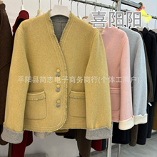 双面羊毛大衣女短款2025秋冬新款撞色高端小香风圆领显瘦毛呢外套