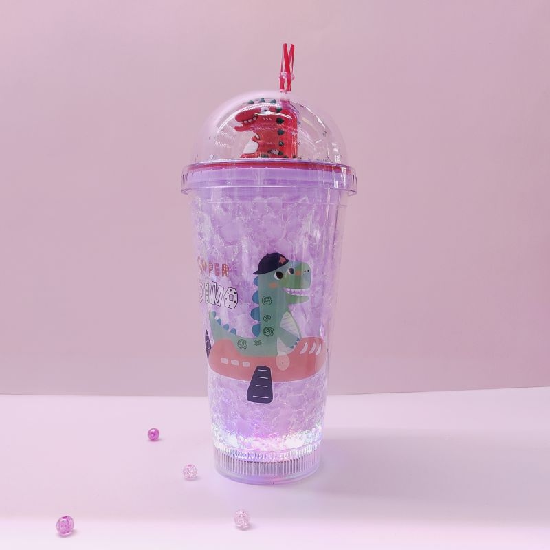 Cross-Border Factory Direct Supply Double-Layer Plastic Straw Cup Fashion Creative Solid Color Dinosaur Ice Cup