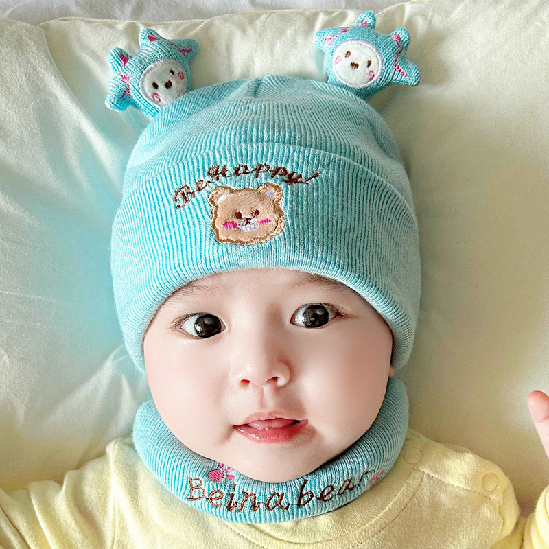 Bena Bear Children's Hat Scarf Set Men's and Women's Baby Wool Cap Cartoon Bear Warm Toddler Knitted Hat