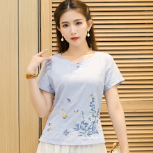 中国风棉麻刺绣花上衣女装夏季新款短袖衬衫民族复古收腰V领T恤衫