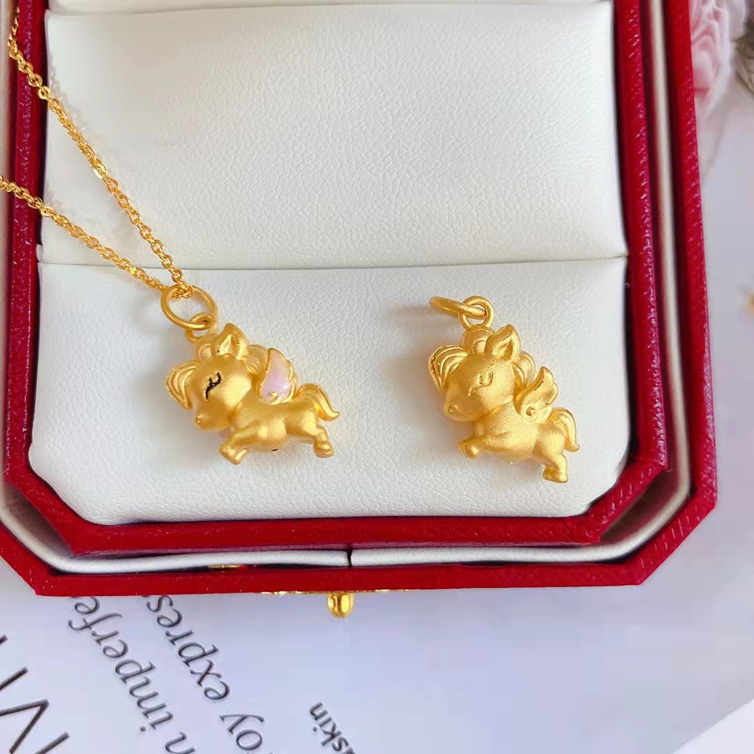 3d硬金 足金999独角兽吊坠 珐琅金马 黄金生肖马飞天马 送礼